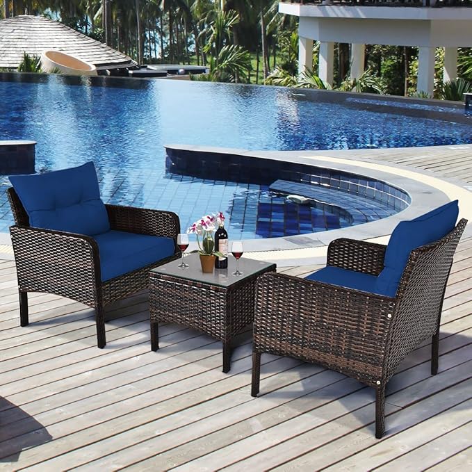 Tangkula 3 Piece Outdoor Patio Furniture Set, Wicker Chairs Set with Glass Top Coffee Table, Thick Cushions, All Weather Garden Lawn Poolside Backyard Porch Furniture Set for 2 (Blue)