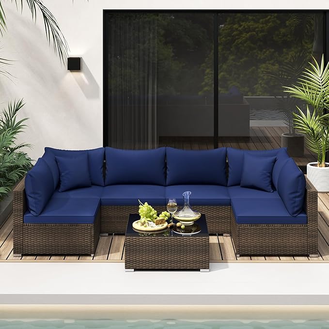 Tangkula 7 Piece Patio Wicker Furniture Set, Outdoor Rattan Sectional Sofa Set for 6 with Seat & Back Cushions, 2 Throw Pillows, Sofa Fastener Clips, for Backyard, Poolside, Deck (Mix Brown+Navy)
