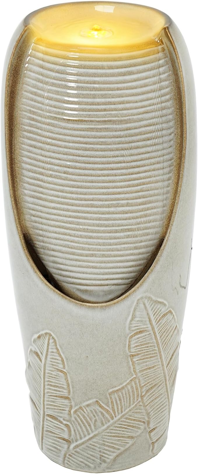 32" H Outdoor Garden Fountain with LED Lights, Modern Ceramic Jar Water Feature, Tropical Leaf Embossed Pattern, Beige Glaze, Soothing Cascading Waterfall for Patio, Yard, Porch