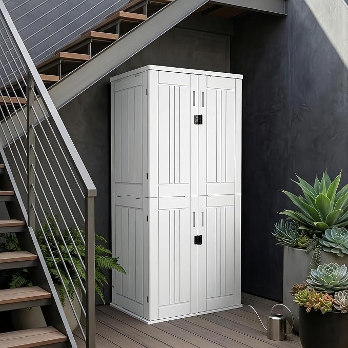 ZYJOYY Outdoor Storage Cabinet with 4 Shelves, 31.5" x 23.23" x 66.22" White Waterproof Resin Vertical Tool Shed, Lockable 30 cu.ft. Storage Shed for Patio, Garden, Yard - Image 4