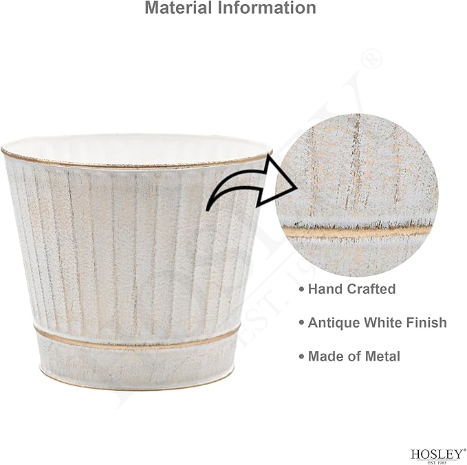 Hosley Metal Planters 7" Dia x 6" H Ideal Farmhouse Decor for Floral Arrangements Weddings, Gift Special Events Parties Outdoor Planters White wash