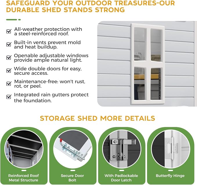 WACASA 4x8 FT Outdoor Storage Shed with Floor, 21-Gauge Reinforced Steel Frame & 16mm Thickened Resin Walls, Space-Saving Lean-to Tool House with 2 Windows & Lockable Single Door for Side Yard - Image 5