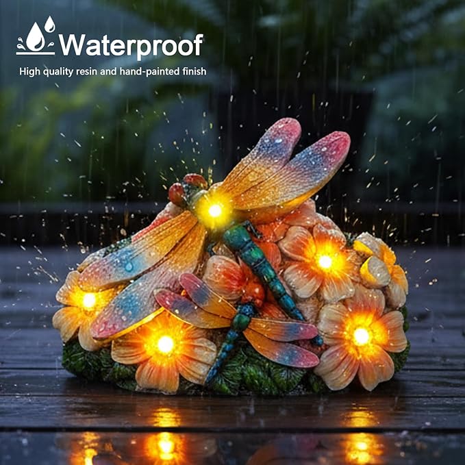 Dragonfly Solar Garden Statues Outdoor Decor5.5"-Waterproof Resin Yard Art with 5 LED Lights,Gradient Wings Figurine for Patio Lawn Porch,Unique Gardening Gifts for Women Mom Grandma Housewarming