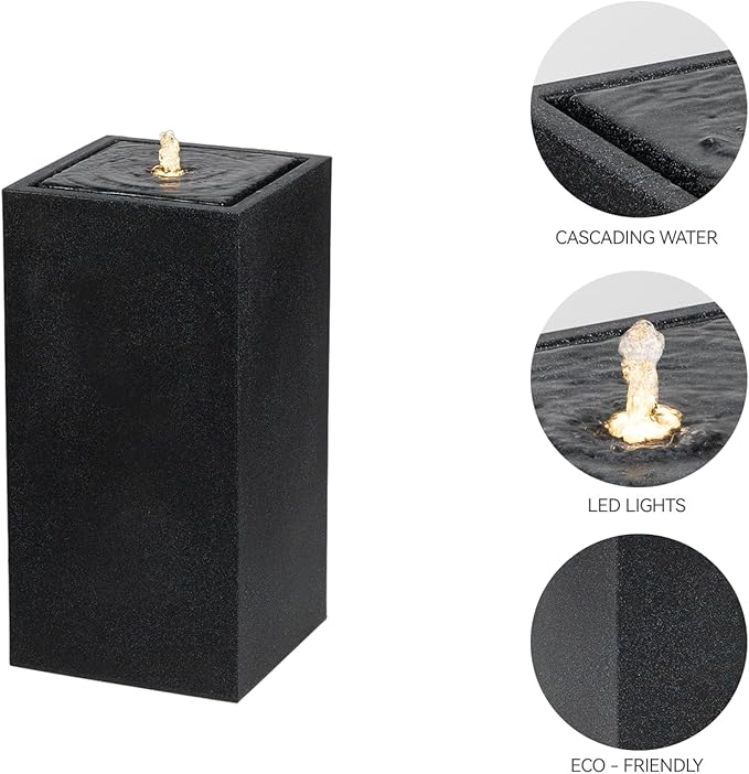 13.26” H Outdoor Water Fountain Made with Eco-Friendly Recyclable Materials, Polyethylene Square Bubbler Outdoor Fountain, Garden Decor with LED Light for Patio, Porch, Backyard (25.98”)