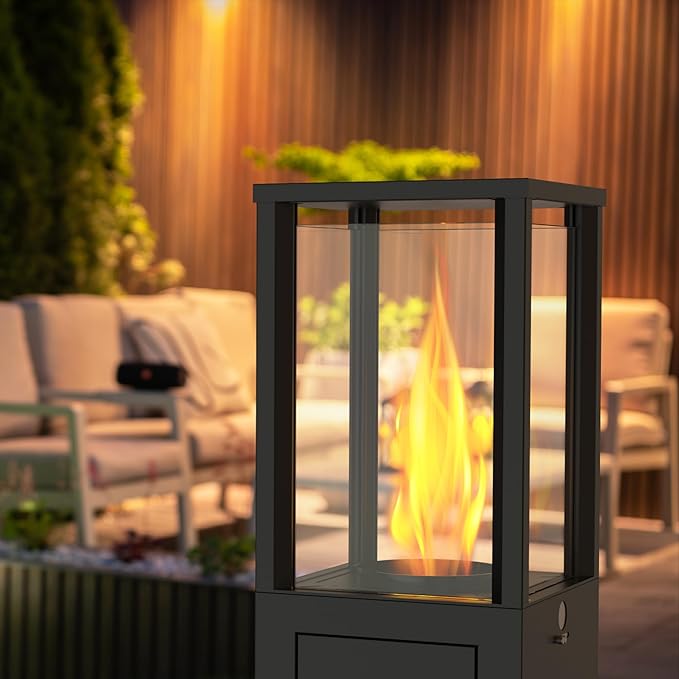 Wood Pellets Patio Heater with Wheels and Ash Box, Safe and Adjustable Outdoor Heaters for Patio. Outdoor Fire Pit for Garden Bonfire Party, Backyard and Beach. Black