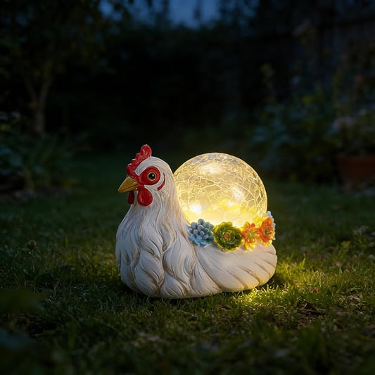 Solar Hen Garden Statue Lights for Outdoor Decor with Cracked Glass LED Ball Figurine Lighting Resin Succulent White Chicken Decorations for Patio Lawn Yard Valentine Gifts for Mom Wowen