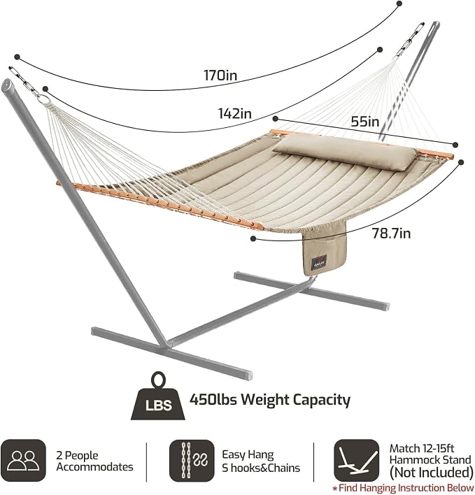 CHULIM Double Quilted Fabric Hammock with Hardwood Spreader Bars and Pillow 450 LBS Capacity 2 Person Large Hammock for Outdoor Patio Backyard Poolside - Tan - Image 6