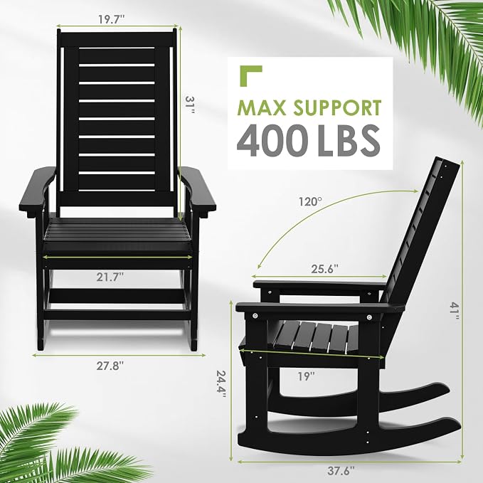 GREENVINES Outdoor Rocking Chairs | Set of 4 | Porch Rocker | HDPE Plastic | Black | Oversized Rockers | High Back | Big & Tall | Ladder Back | for Patio Outside Backyard Balcony Garden - Image 3