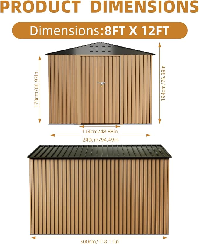 8X12FT Outdoor Metal Storage Shed, Lockable Weatherproof Garden Shed for Tools & Equipment, Durable Galvanized Steel with Sloping Roof & Ventilation, Ideal for Backyard, Patio & Garage Storage, Brown - Image 2