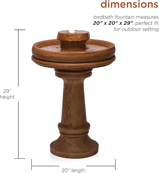 Alpine Corporation TZL202 Outdoor Floor Vintage Pedestal Water Fountain with Bird Bath and LED Lights, 29", Brown