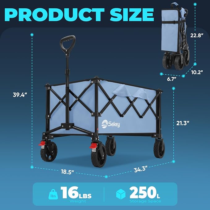 Sekey Collapsible Foldable Wagon with 330lbs Weight Capacity, Heavy Duty Folding Wagon Cart with Big All-Terrain Wheels. Blue - Image 7