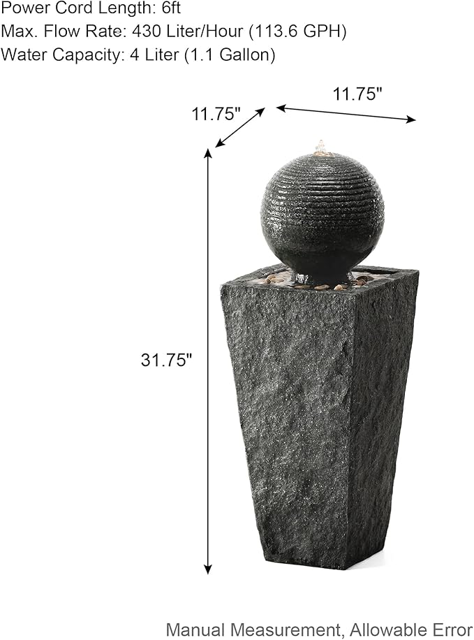 Glitzhome Water Fountain Outdoor with LED Light, Sphere Pedestal Outdoor Fountain, Modern Ball Waterfall Fountains Water Feature for Garden Patio Deck Porch, 31.7”H