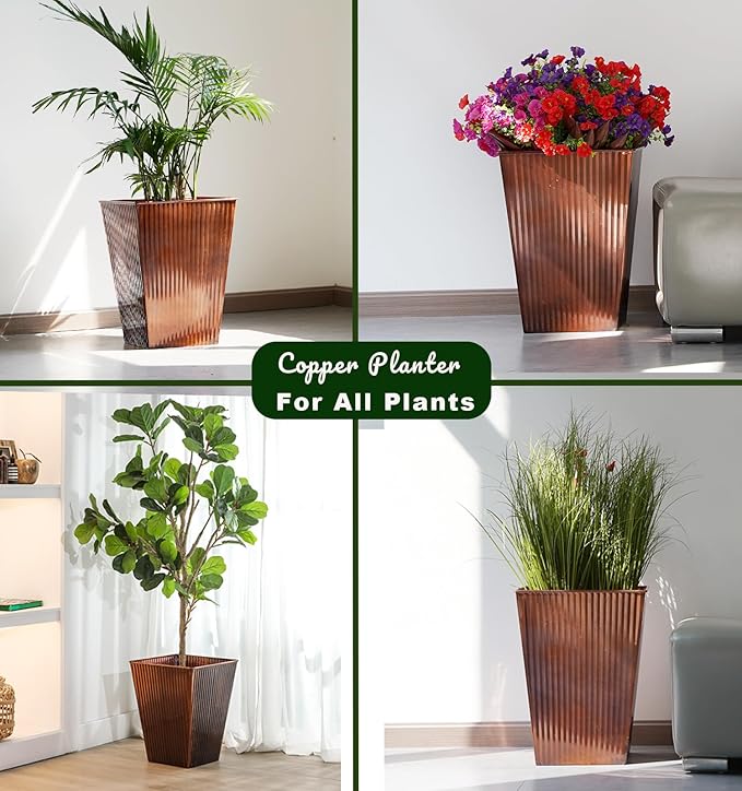Ultiteque18 H x13 Dia Large Copper Metal Planter Set of 2, Tall Square Tapered Steel Flower pots for Indoor Plants, Indoor Plant Pots Lightweight for Apartment Office, Planter Pots with Drainage&Plug