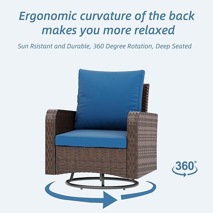 HOMREST 5 Piece Outdoor Patio Furniture Set-360 Wicker Swivel Chairs Set of 2 w/ 2 Ottoman, Coffee Table & Cushions Patio Bistro Set for Garden, Balcony (Navy)