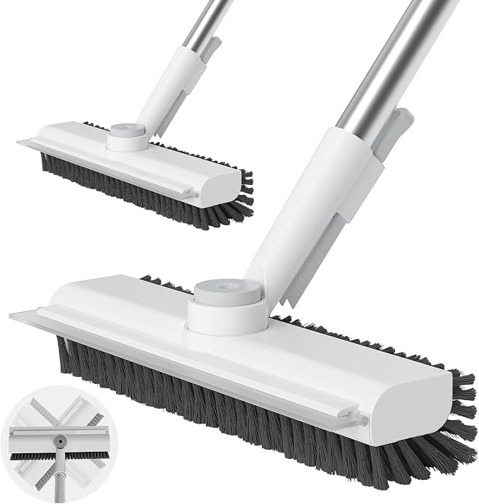 Floor Scrub Brush with Long Handle, 3 in 1 Scrape and Heavy-Duty Stiff Bristle Scrubber Brush for Cleaning Shower Bathroom, Patio, Garage, Kitchen, Wall and Deck (White, 2 Pack) by AIRU
