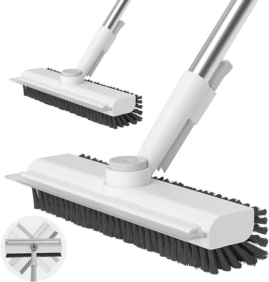 Floor Scrub Brush with Long Handle, 3 in 1 Scrape and Heavy-Duty Stiff Bristle Scrubber Brush for Cleaning Shower Bathroom, Patio, Garage, Kitchen, Wall and Deck (White, 2 Pack) by AIRU