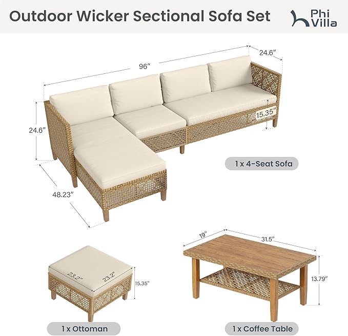 PHI VILLA 6 Seats Outdoor Sectional Sofa with Cushions and Acacia Wood Coffee Table, Patio Conversation Set for Garden, Backyard or Balcony, Beige