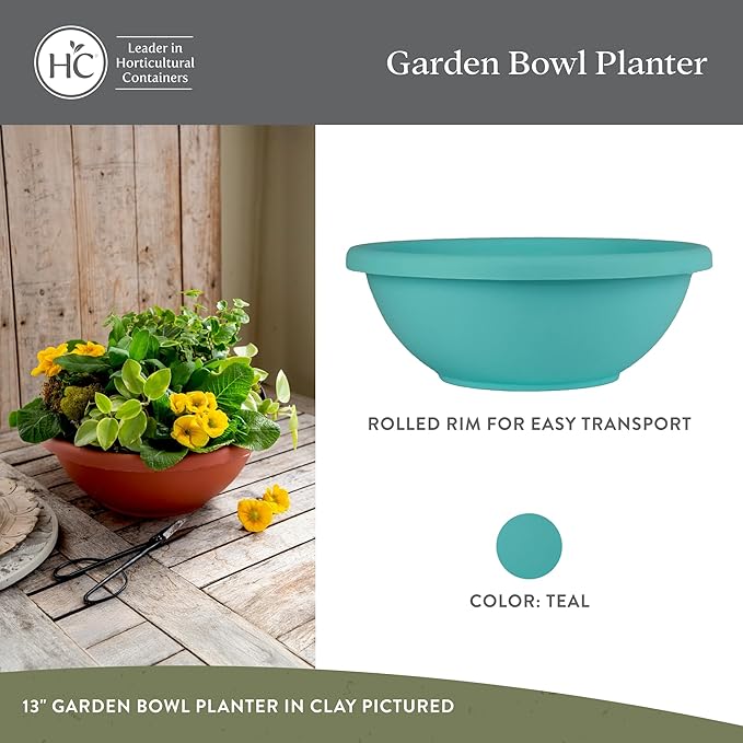 The HC Companies 15.5 Inch Shallow Garden Bowl Plant Pot with Drainage, Lightweight UV-Resistant Plastic Planters for Succulents & More, 2-Pack Planters for Indoor Outdoor Home Decor, Teal