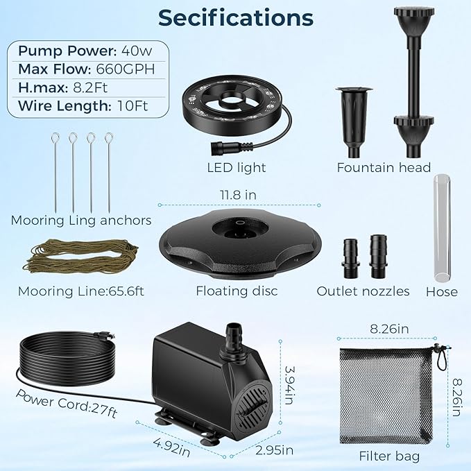 POPOSOAP Floating Pond Fountain with RGB LED Lights, 660GPH Pond Pump 30Ft Cable Length with 3 Modes Sprinkler & 65.6Ft Mooring Line, Floating Fountain for Outdoor Pond
