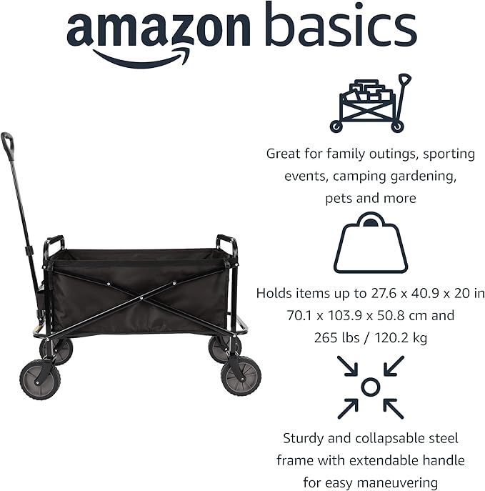 Amazon Basics Collapsible Heavy Duty Utility Wagon for Outdoor Sports, Camping, Garden, and Shopping, 265 Pounds Capacity, 27.6 x 40.9 x 20 inches, Black - Image 2