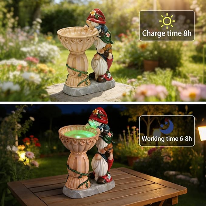 Garden Gnomes Outdoor Gnomes Garden Decorations for Yard Colorful Lights Resin Solar Outdoor Statues with Bird Bath Feeder Funny Outside Lawn Patio Housewarming Gifts 6.25 * 4.25 * 9.25 in