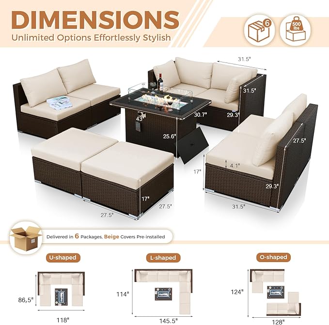 BULEXYARD 9 Piece Highback Patio Furniture Set with Fire Pit Table, Modern Modular Outdoor Sectional Couch Sofa with Ottoman, 8-Seater Backyard Seating for Exterior, Deck, Brown Wicker & Beige Cushion