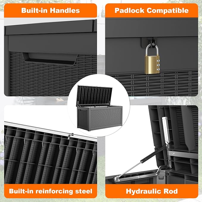 PatioZen 320 Gallon Resin Deck Box, Lockable Weatherproof Outdoor Storage Box for Furniture, Garden Tools and Tools Storage, Waterproof Outside Storage Boxes - Black - Image 5