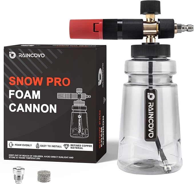Raincovo Foam Cannon Wide Mouth for Pressure Washer, Thick Snow Foam Lance for Car Wash, Adjustable Soap Cannon with 1/4 Inch Quick Connector, Additional 1.1mm Orifice Nozzle by Raincovo