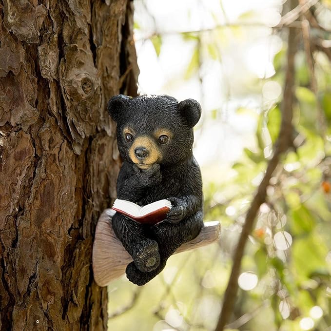 Sitting Bear Tree Hugger with Solar LED Light, Cute Bear Reading Book Garden Statue, Resin Animal Figurine Outdoor Decor, Yard Art Sculpture for Lawn, Yard, Patio, Porch Ornaments