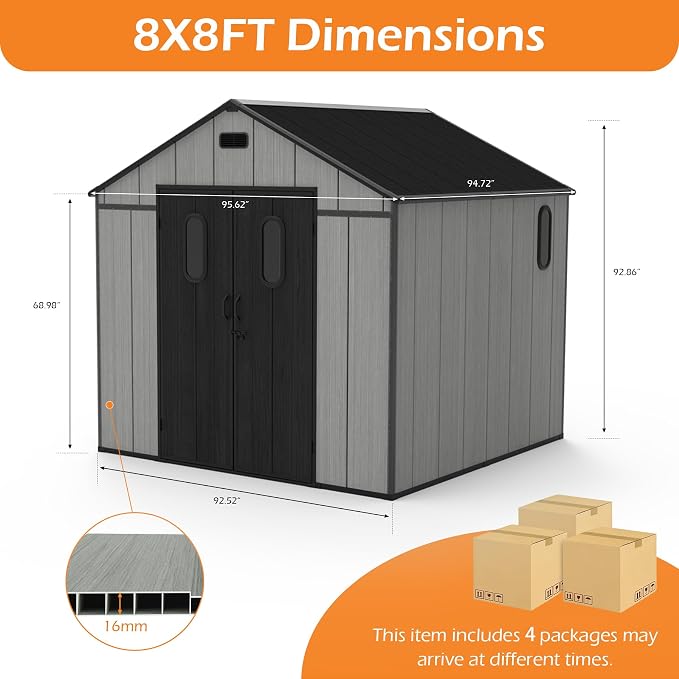 Domi 8x8Ft Resin Outdoor Storage Shed with Floor, Plastic Garden Storage Shed, Outside Weatherproof Storage Building for Tools, Bike, Lawn Mower, Patio, Backyard - Image 2