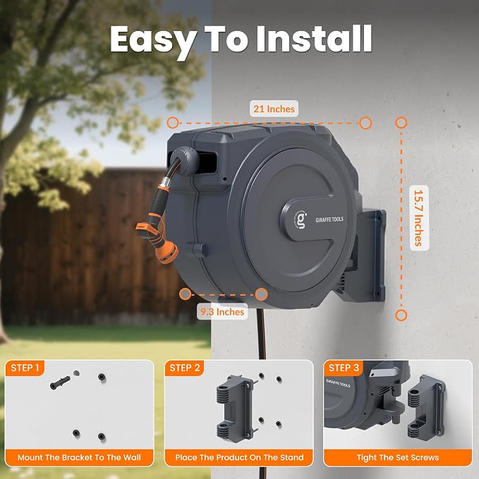 Giraffe Tools AW30 Wall Mounted 1/2" x 100 ft Garden Hose Reel, Retractable Water Hose Reel, Automatic Rewind & Lock at Any Length - Image 7