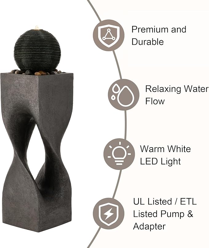Glitzhome Outdoor Water Fountain, Outdoor Fountain with Lights, 36.5" H Modern Geometric Pedestal and Sphere Polyresin Outdoor Floor Standing Fountain with Pebbles, Pump for Garden, Patio, Backyard