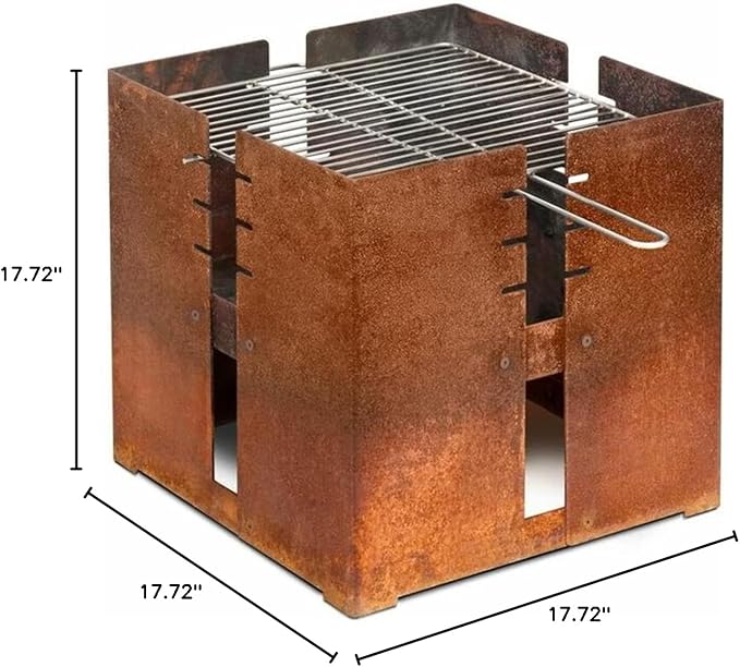 BBQ Grill Corten Steel Square Fire Pit Wood Charcoal Burning Patio Backyard Garden Picnic Outdoor Barbecue Bonfire Fireplace 17.7 inch Side Length - Image 7