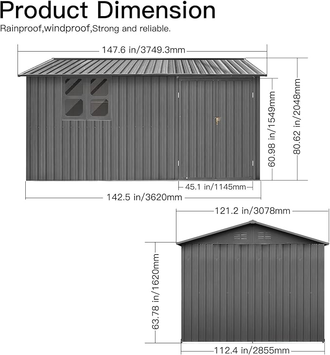 10x12 FT Outdoor Storage Shed, Large Metal Garden Shed with Window & Hinged Door, Upgraded Outside Tool Shed with Foldable Worktable & 2 Shelves, Waterproof Storage Building for Backyard, Gray - Image 2