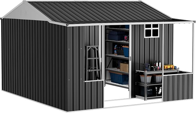 VanAcc 10×10.5×7 FT Metal Storage Shed, Dual-Zone Tool Shed with Work Area, Reinforced Frame, Gable Roof, Ventilated Design, Dark Grey - Image 8