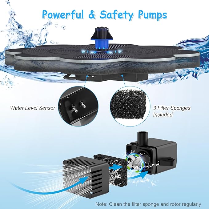 Solar Bird Bath Fountains Flower Pattern, Upgrade 3.5W Solar Water Fountain with 2000mAh Battery, Colorful Led Lights, 7 Nozzles, Hummingbird Solar Fountain for Garden, Swimming Pool, and Pond