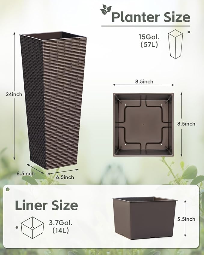 24 Inch Tall Plastic Planters (Set of 2), Detachable Inner Pot & Drainage Holes, Outdoor Decorative Flower Pots for Large Plants, Trees, Patio, and Garden, Brown
