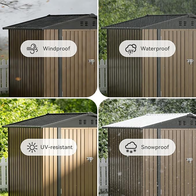 COMHOMA Shed Storage Outdoor Metal Windowed Lockable Weatherproof Ventilated Backyard Garden Utility Workshop(Brown,8'*6') - Image 5