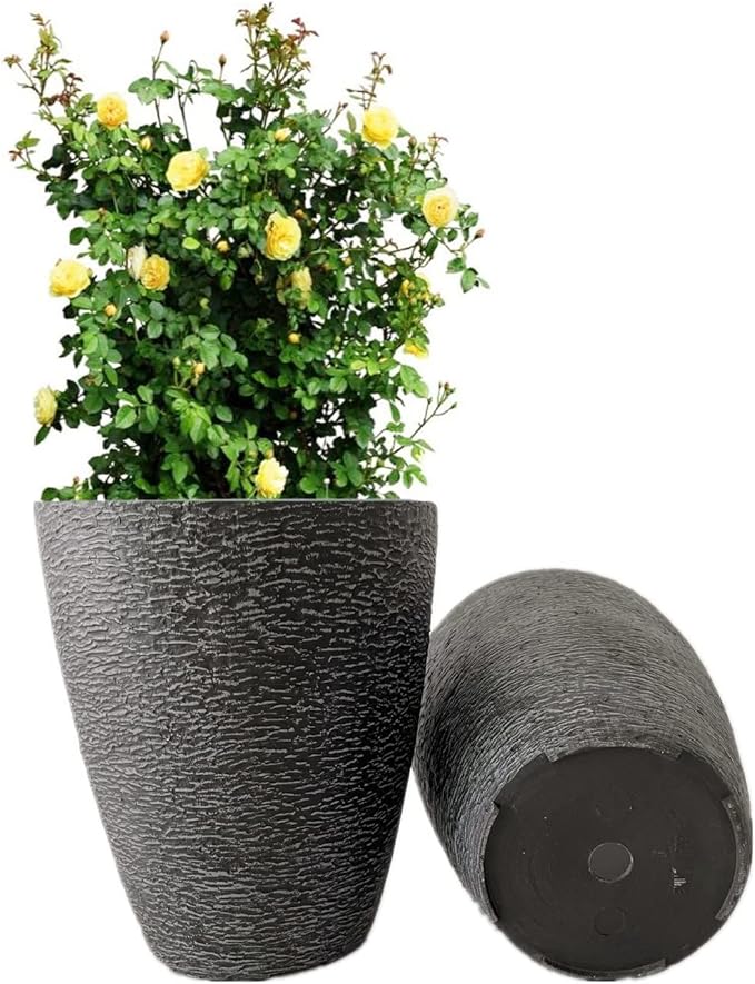 10 inch Garden Planter Lightweight Indoor Outdoor Pots with Drainage Hole for Potted Plants Flowers Greenery, Set of 2 (Black Grain Texture)