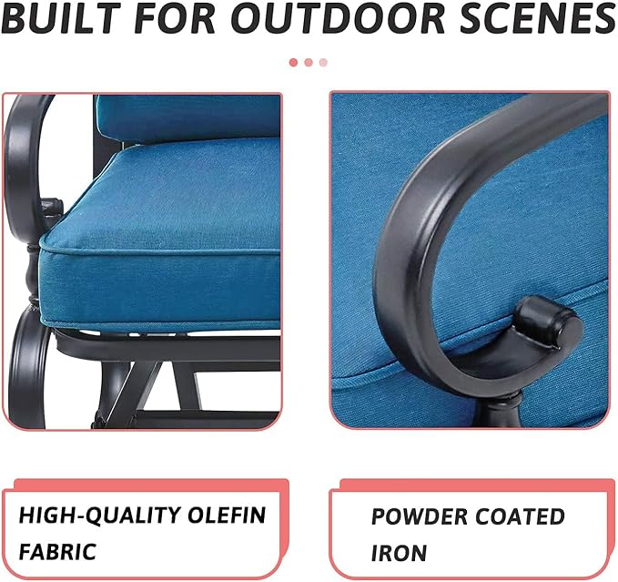 SOLAURA 4-Piece Outdoor Furniture Patio Conversation Sets Swing Glider Loveseat and Spring Lounge Chairs with Side Table for Garden, Deck, Balcony, Poolside, Lawns (Peacock Blue)