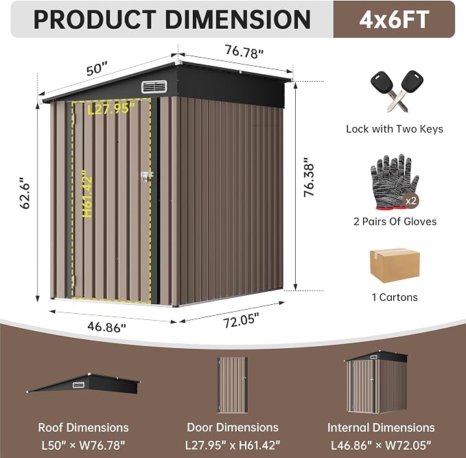 4x6 Lean to Yard Storage Shed, Outdoor Lean to Storage Sheds, Metal Wall Side Bike Shed with Lockable Door for Tool Garden Sheds for Patio Lawn Yard, Brown - Image 2