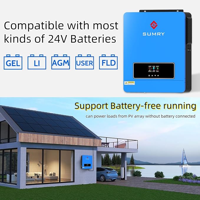 SUMRY Solar Inverter Charger, 3600W DC 24V to AC 110V Hybrid Voltage Converter with 120A MPPT Charge Controller, Pure Sine Wave Power for Battery-Less or AGM Lithium Battery Home Energy System - Image 4