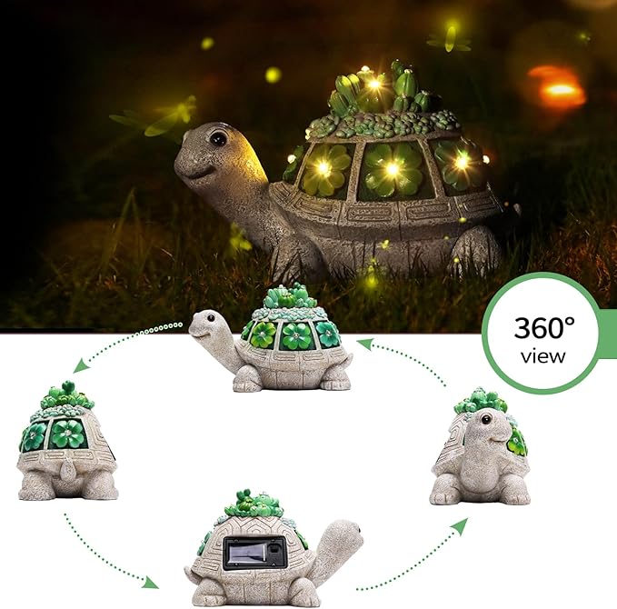 Solar Garden Outdoor Statues Turtle with Succulent and 7 LED Lights - Lawn Decor Tortoise Statue for Patio, Balcony, Yard Ornament - Unique Housewarming Gifts
