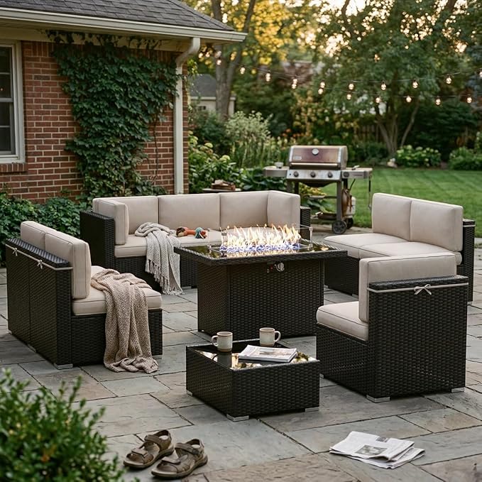 10 Pieces Patio Furniture Set with 44" Propane Gas Fire Pit Table, Outdoor Sectional Wicker Conversation Sofa Sets with Coffee Table