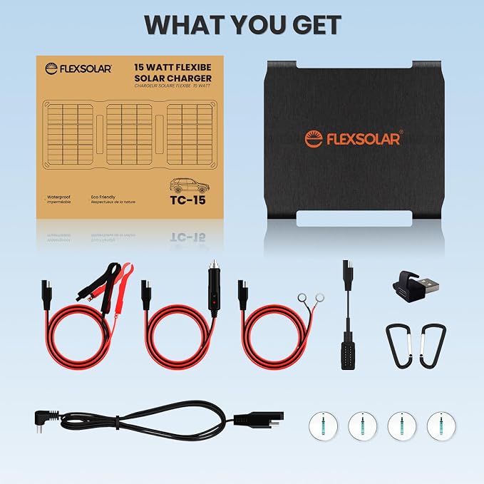 FlexSolar 15W Foldable Solar Panel Trickle Charger Maintainer Kits - 12V DC & USB Output with Built-in Controller Includes Cigarette Lighter, Alligator Clips, O-Rings,OBDII Connector for Car, Truck - Image 7