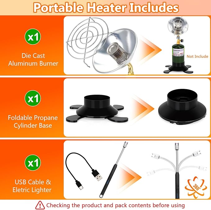 Portable Propane Heater for Camping Outdoor, Space Patio Heater with Control Valve Cordless, Tent Heaters with Foldable Tank Holder for Winter Tent Hiking Ice Fishing Hunting