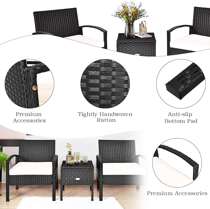 COSTWAY Rattan Patio Furniture Set 3 Pieces, Wicker Conversation Set with Tempered Glass Coffee Table, Seat Cushions, Outdoor Chair Wicker Sofa for Backyard Balcony Porch Poolside, White