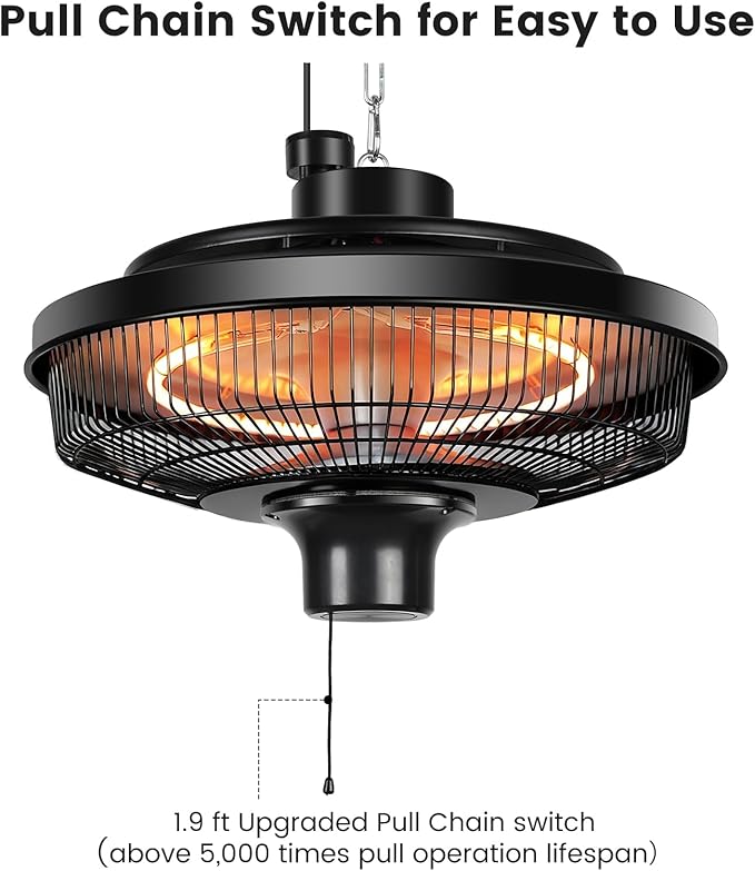 Hanging Patio Heater, 1500W Electric Infrared Heaters for Home, Gazebo, Garage, Greenhouse, Ceiling Mount with Overheat Protection, IPX4 Water Resistance, Adjustable Height (Black)