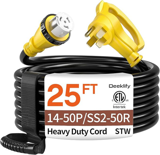 25FT 50 Amp Generator Cord, NEMA 14-50P/SS2-50R Heavy-Duty 4 Conductors Cable, Pure Copper STW RV Extension Cord, Female Plug with Twist Lock, Suitable for RV or Camper, ETL Listed by Deeklify