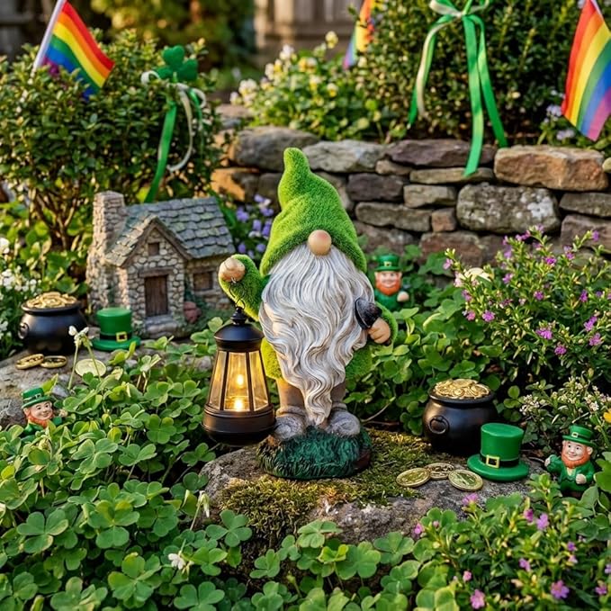 TERESA'S COLLECTIONS Christmas Outdoor Statue for Home, Resin Gnome Decorations with Solar Outdoor Lights for Garden Decor,Green Garden Sculptures & Statues for Front Patio Lawn, Gifts for Mom,12"